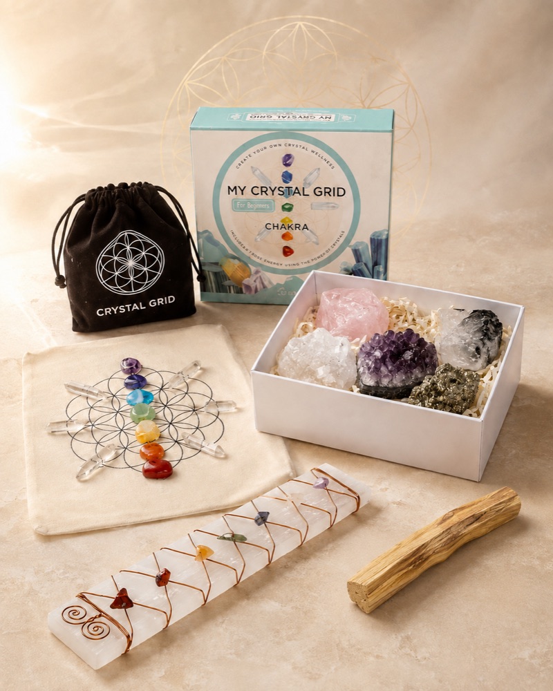Il tuo Angolo di Cristalli — griglietta, 5 minerali, selenite, palo santo